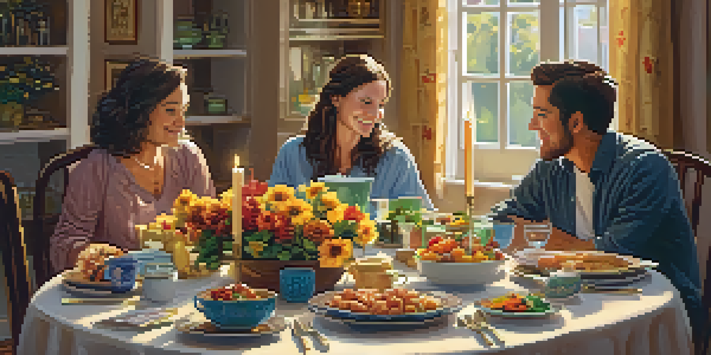 A warm family dinner scene with a beautifully set table, diverse family members sharing food and laughter in a cozy atmosphere.