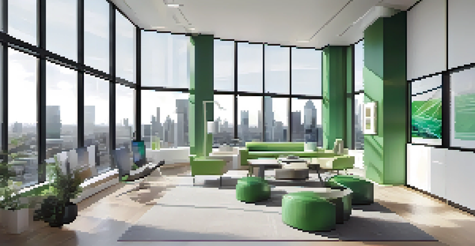 A bright and modern real estate office showcasing high-tech gadgets and a city skyline view.