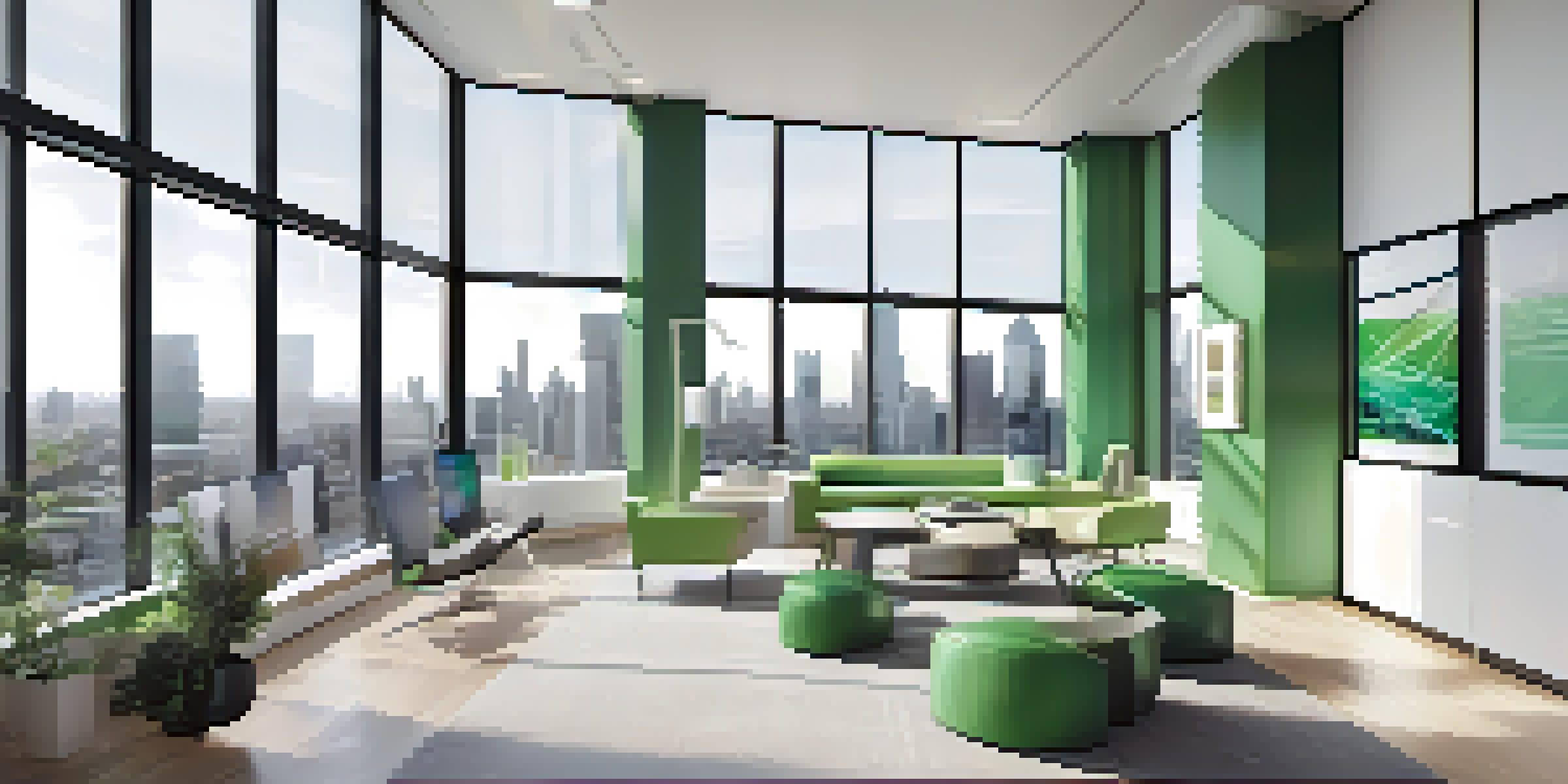 A bright and modern real estate office showcasing high-tech gadgets and a city skyline view.