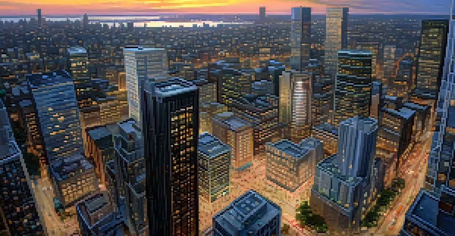 Aerial view of a city skyline at dusk, with people chatting outside a real estate office in the foreground.