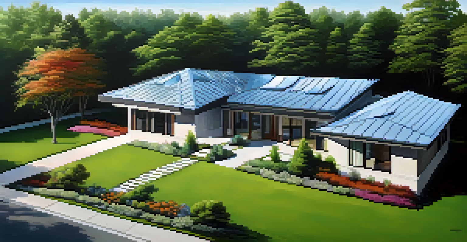 Aerial view of a modern home with a sleek metal roof and a vibrant garden, under a clear blue sky.