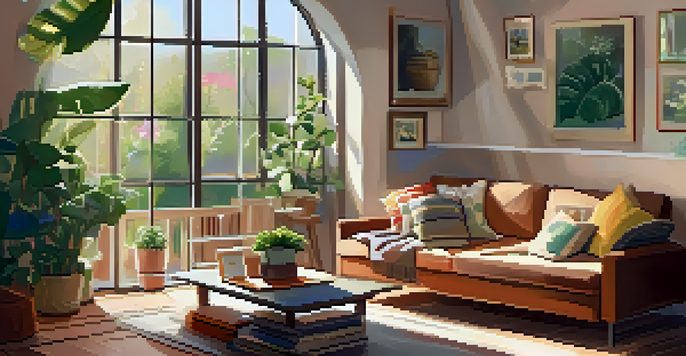 A bright and inviting living room with a couch, plants, and a sunny window.