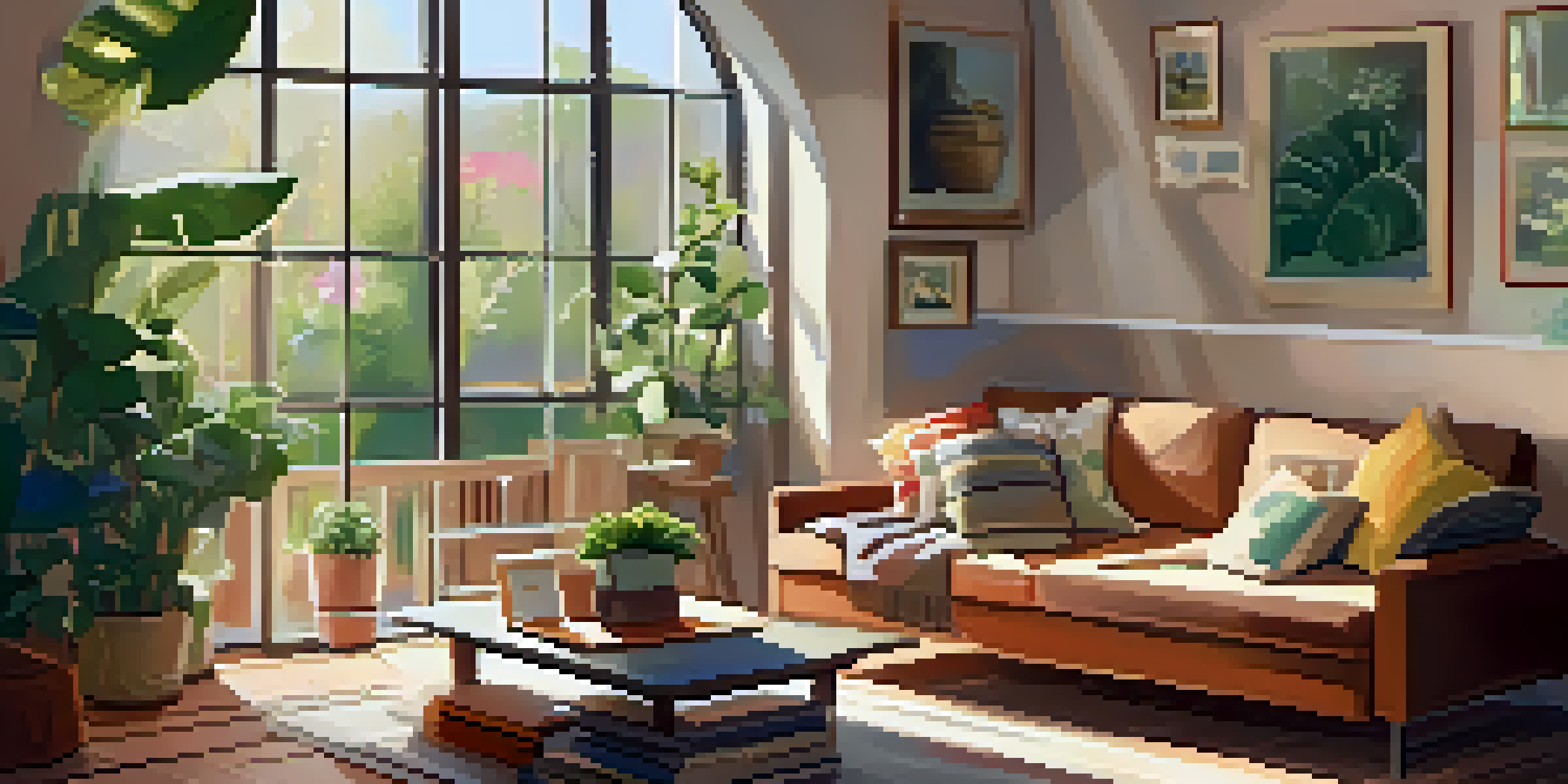 A bright and inviting living room with a couch, plants, and a sunny window.