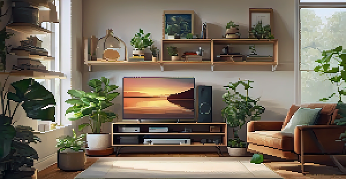 A cozy living room corner showcasing an organized electronics area with devices and decorative storage.