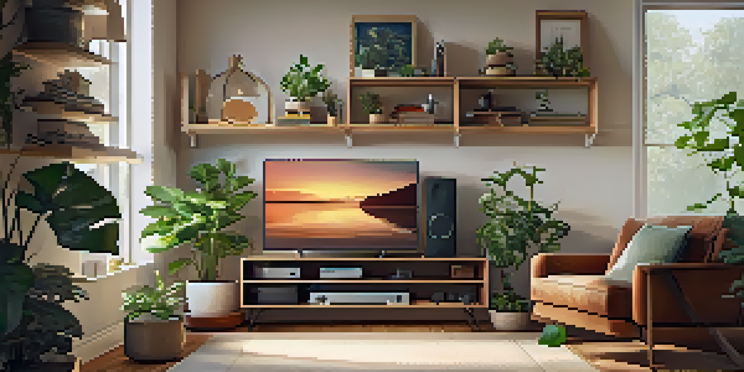 A cozy living room corner showcasing an organized electronics area with devices and decorative storage.