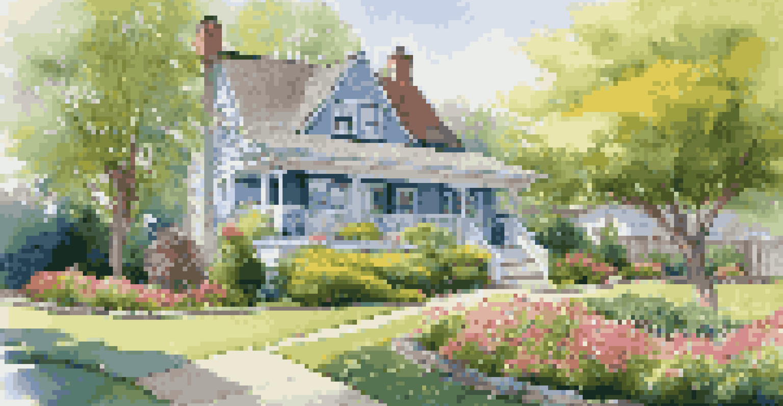 A colorful spring yard with flowers, a garden path, and a charming house in the background.