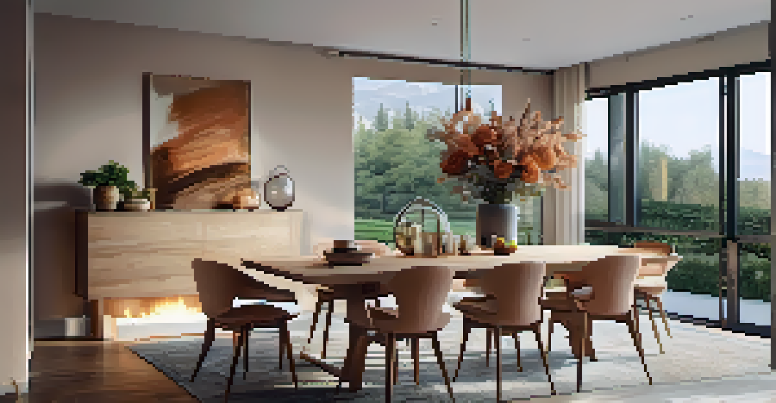 A charming open concept dining area with a rustic table, fresh flowers, and warm lighting.