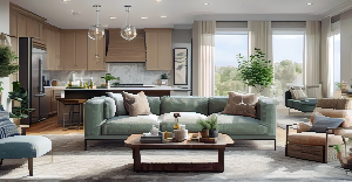 An open concept living area showcasing a cozy living room, modern dining space, and a well-equipped kitchen with abundant natural light and textured decor.