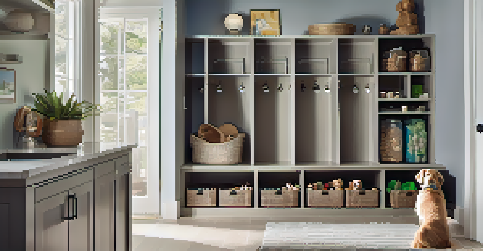 A well-organized mudroom with cabinets, a water bowl, and pet toys for pet owners.