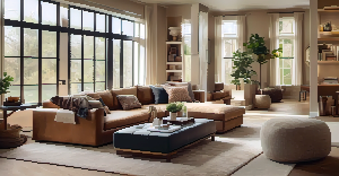 A cozy living room with multi-functional furniture, including a storage ottoman and an expandable coffee table, enhanced by natural light and warm colors.