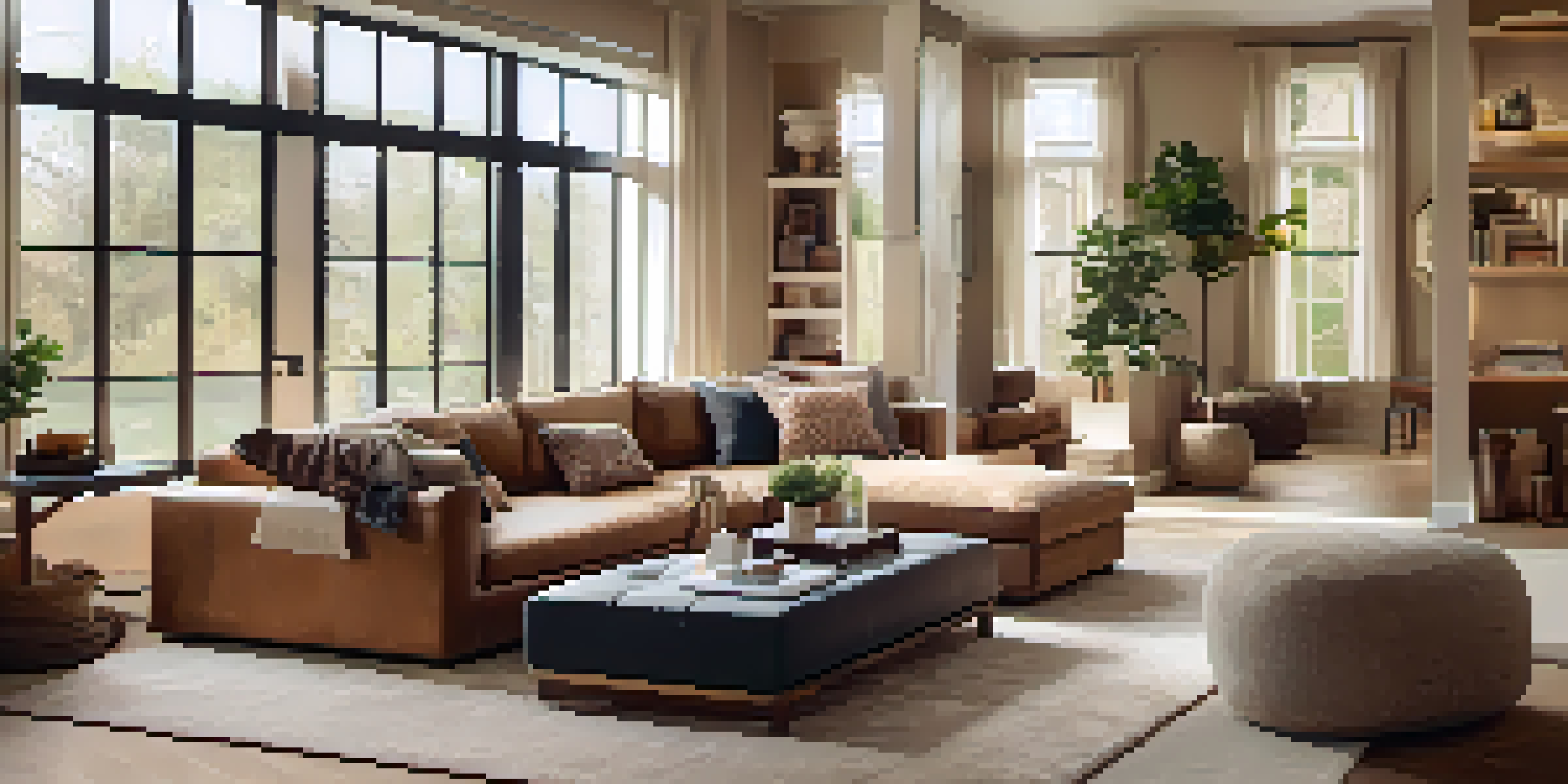 A cozy living room with multi-functional furniture, including a storage ottoman and an expandable coffee table, enhanced by natural light and warm colors.