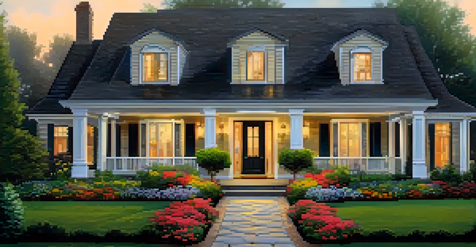 A well-maintained front yard with vibrant flowers, trimmed bushes, and a pathway leading to a charming front door, illuminated by soft outdoor lights.