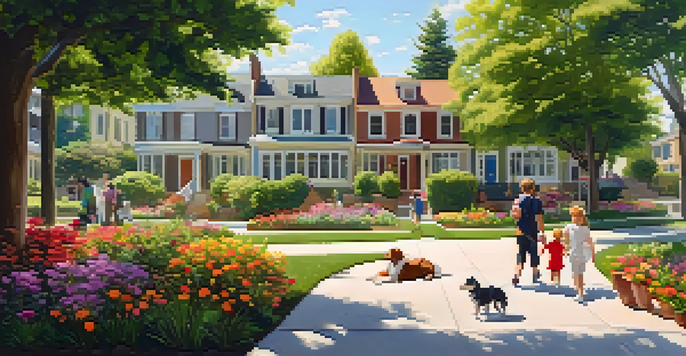 A peaceful neighborhood with modern houses, greenery, and children playing in a park under warm sunlight.