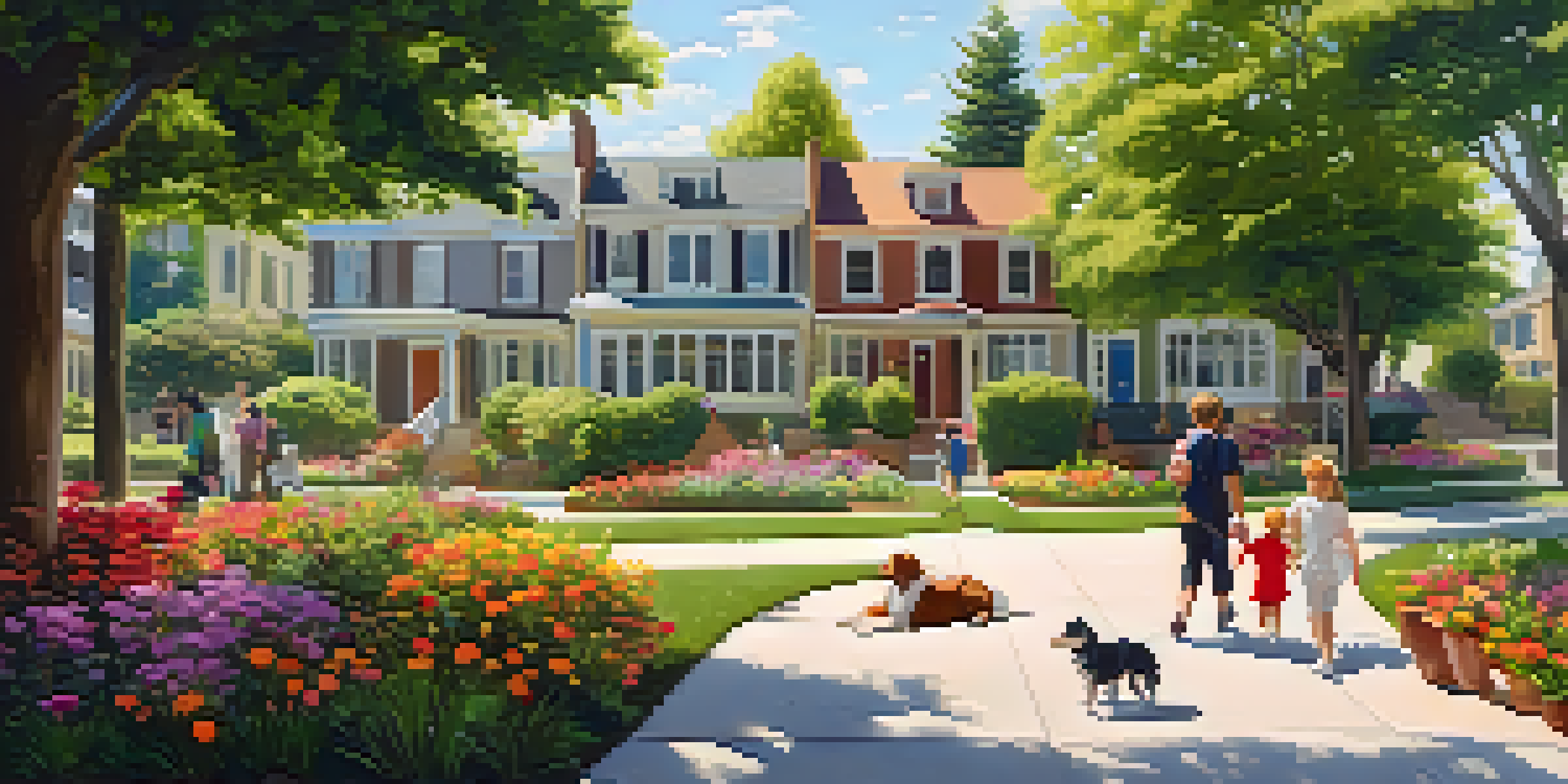 A peaceful neighborhood with modern houses, greenery, and children playing in a park under warm sunlight.