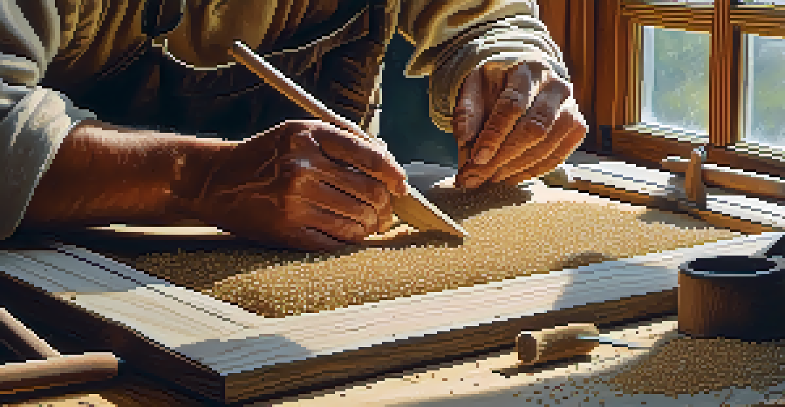 A craftsman restoring a vintage window frame, showcasing intricate woodwork and tools on a workbench.