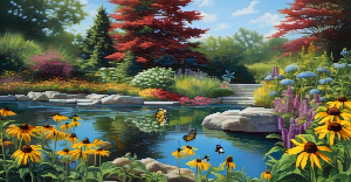 A colorful garden with native flowers attracting bees and butterflies, illuminated by sunlight with a small water feature in the background.