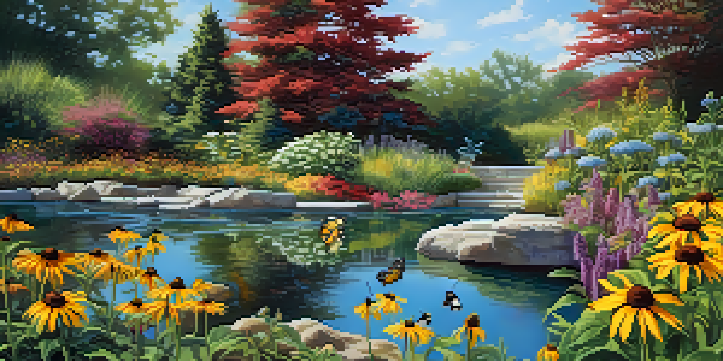 A colorful garden with native flowers attracting bees and butterflies, illuminated by sunlight with a small water feature in the background.