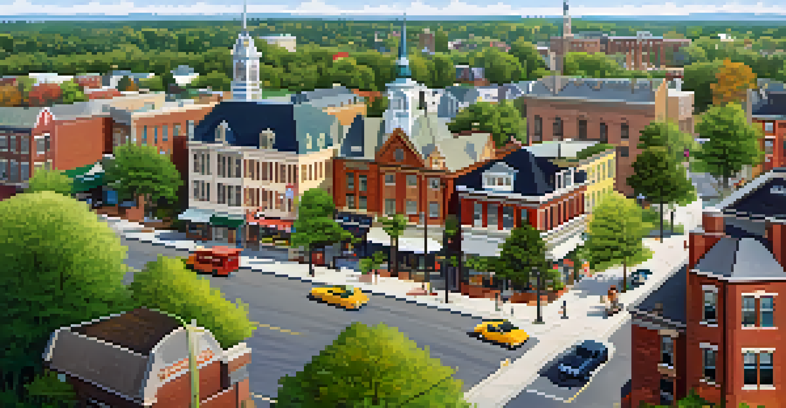 An aerial view of a small town with a clock tower, shops, and lush green parks, illustrating community life.