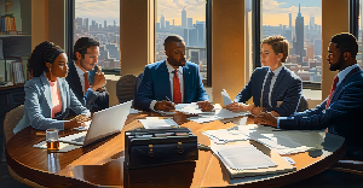 A diverse group of individuals negotiating around a table with documents and a laptop, with a cityscape view in the background.