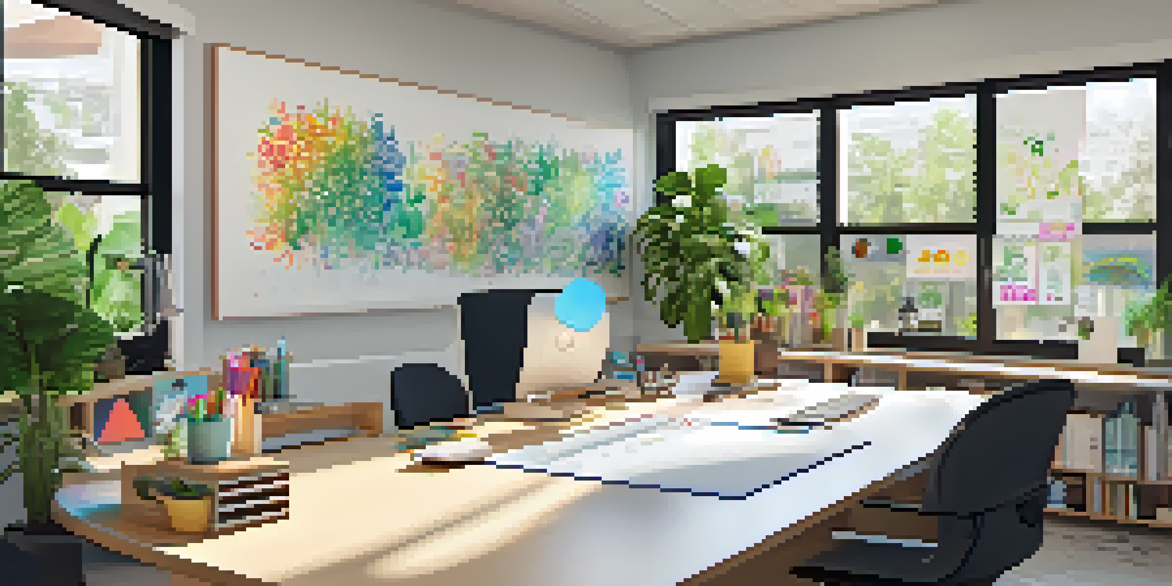 A bright and inviting home office with a spacious desk, ergonomic chair, vibrant plants, and colorful artwork, featuring a whiteboard with notes in the background.