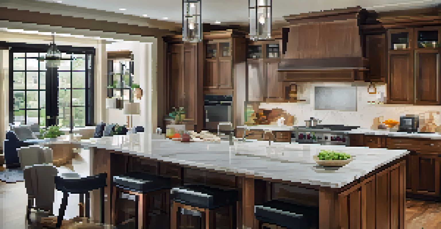 A modern kitchen featuring marble countertops and high-end appliances, with a digital tablet showcasing a virtual tour.