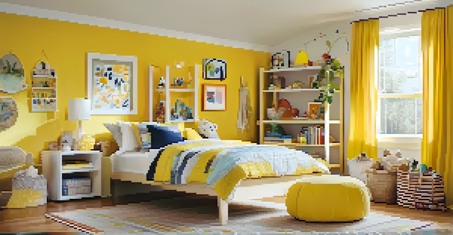 A bright children's bedroom painted in cheerful yellow, featuring playful decor and filled with sunlight.