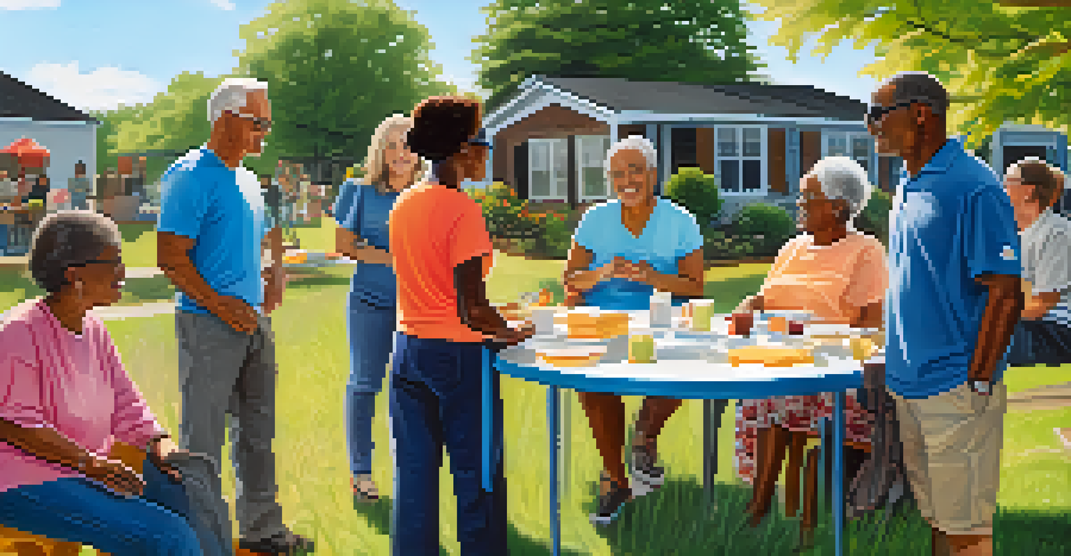 A lively community meeting with residents discussing and sharing ideas in a friendly outdoor environment.