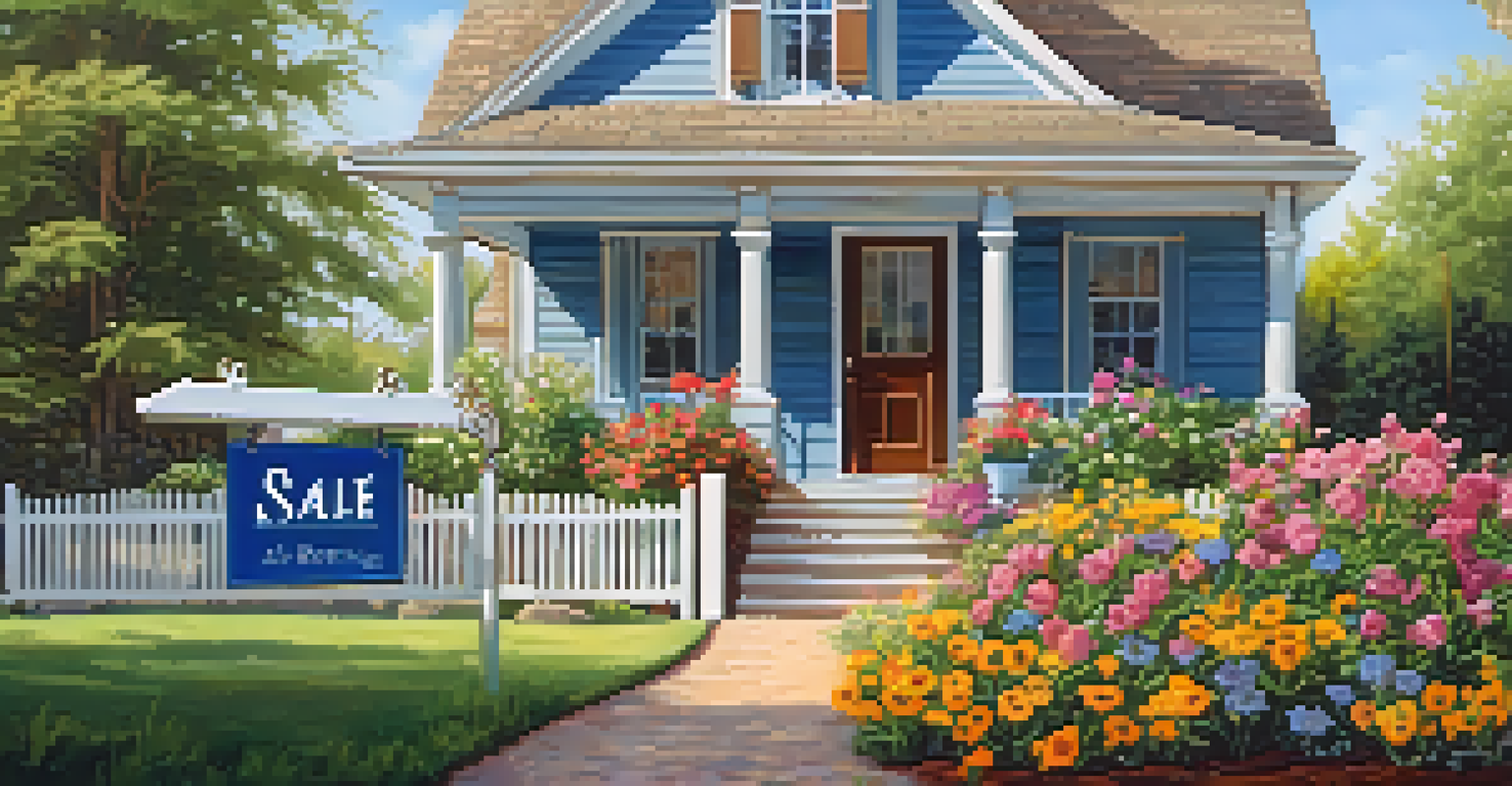 Close-up of a 'For Sale' sign in front of a charming house with a garden.