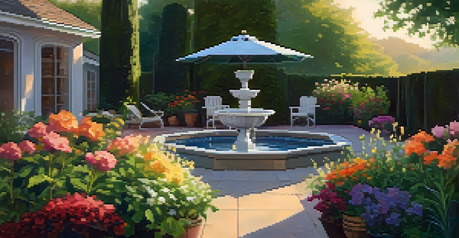 A tranquil backyard garden with a patio, outdoor furniture, and a fountain, illuminated by soft golden hour sunlight.