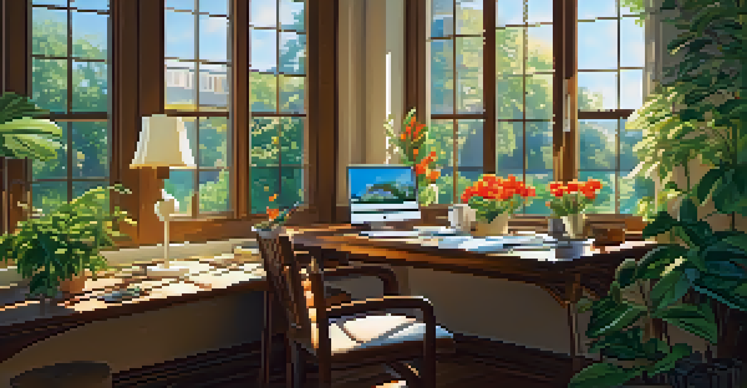 A view of a vibrant garden from a home office window, with sunlight filtering through leaves and a workspace in the foreground.