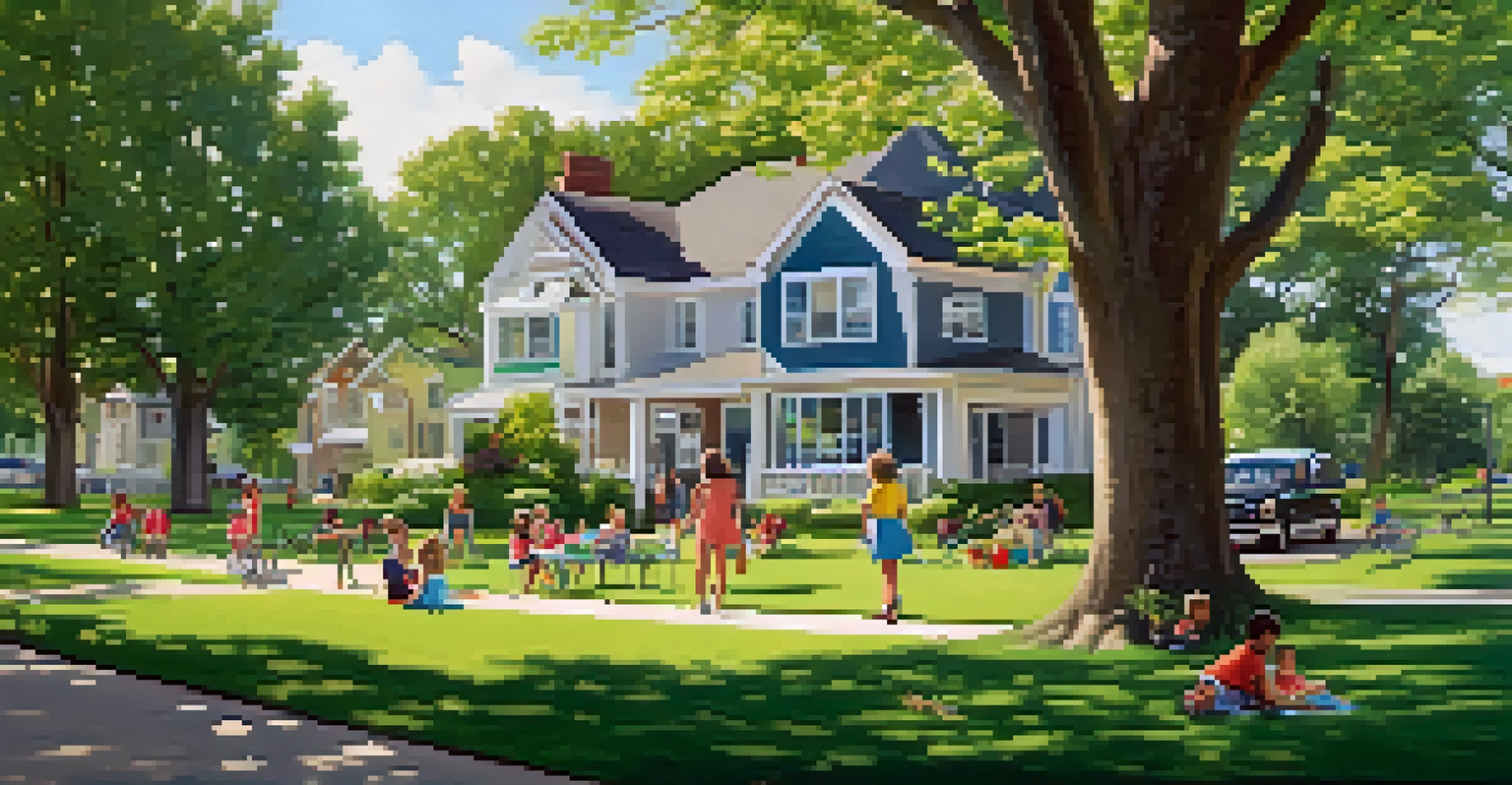 A peaceful suburban neighborhood with large homes, children playing in a park, and families having a picnic on a sunny day.