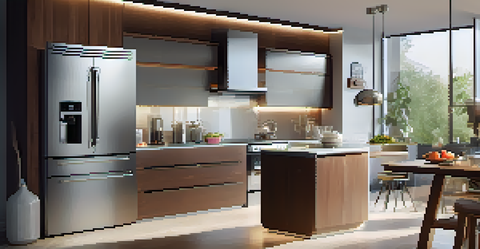 A modern kitchen featuring smart appliances, including a touchscreen refrigerator and smart oven, with bright lighting and a welcoming atmosphere.