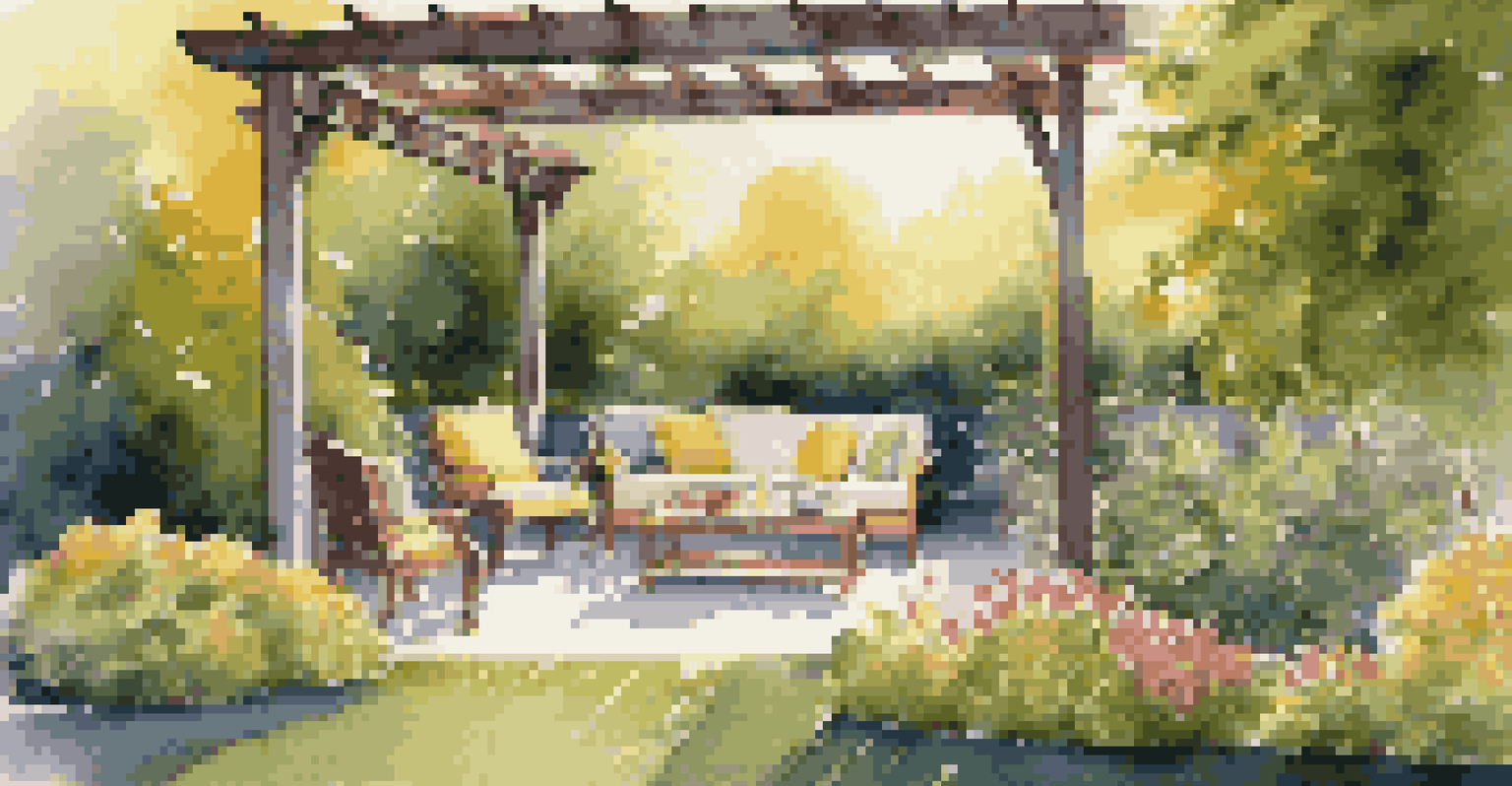 A serene backyard garden with a lawn, colorful flowers, and a seating area under a pergola, illuminated by evening light.