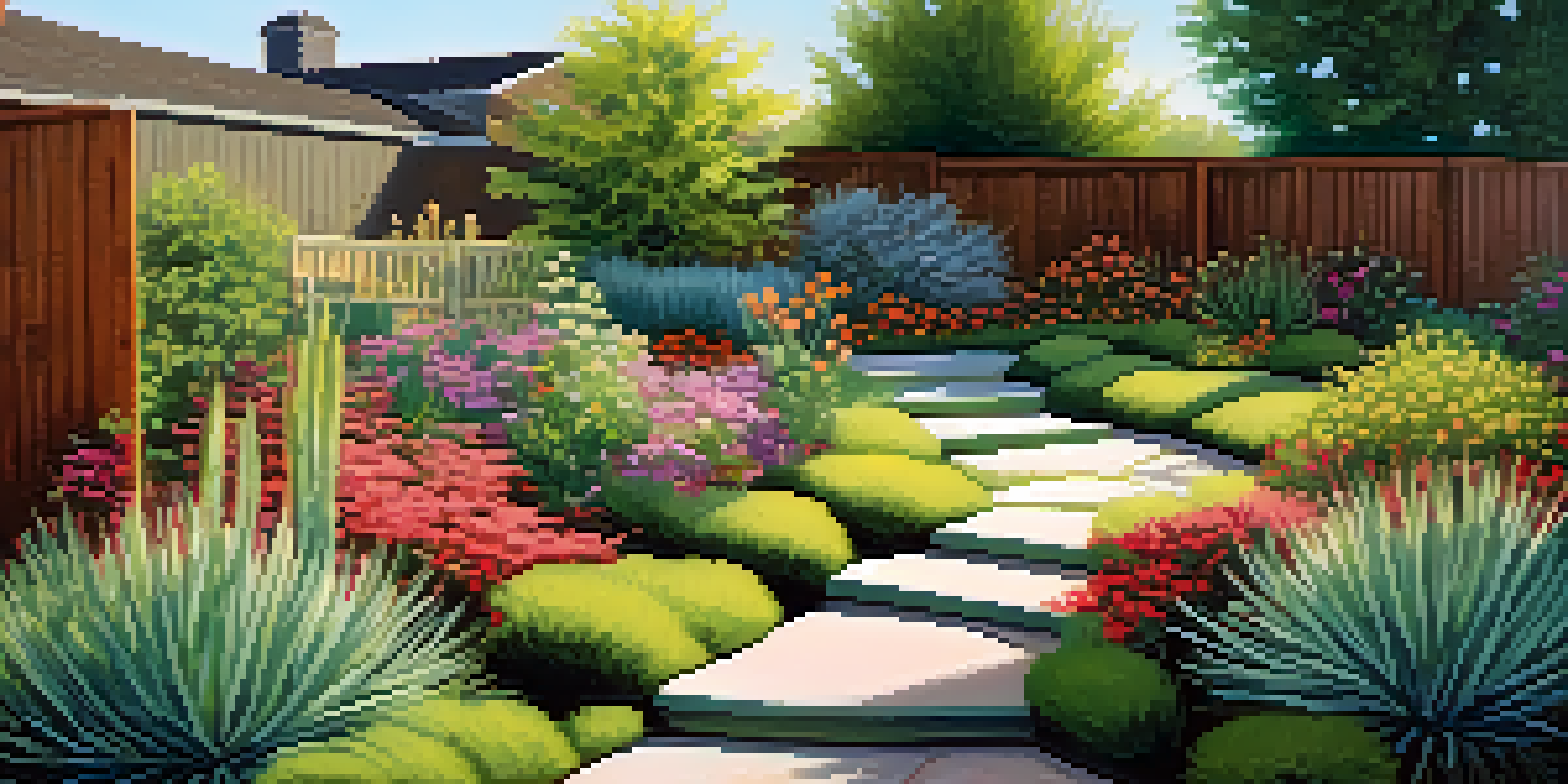 A peaceful backyard garden with colorful native plants, mulch, and sunlight casting shadows.