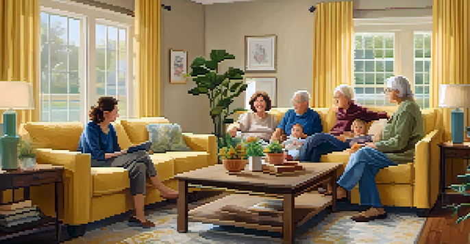 A warm and inviting living room where multiple generations of a family are interacting. Grandparents are telling stories to children while parents sit nearby, all surrounded by family photos.