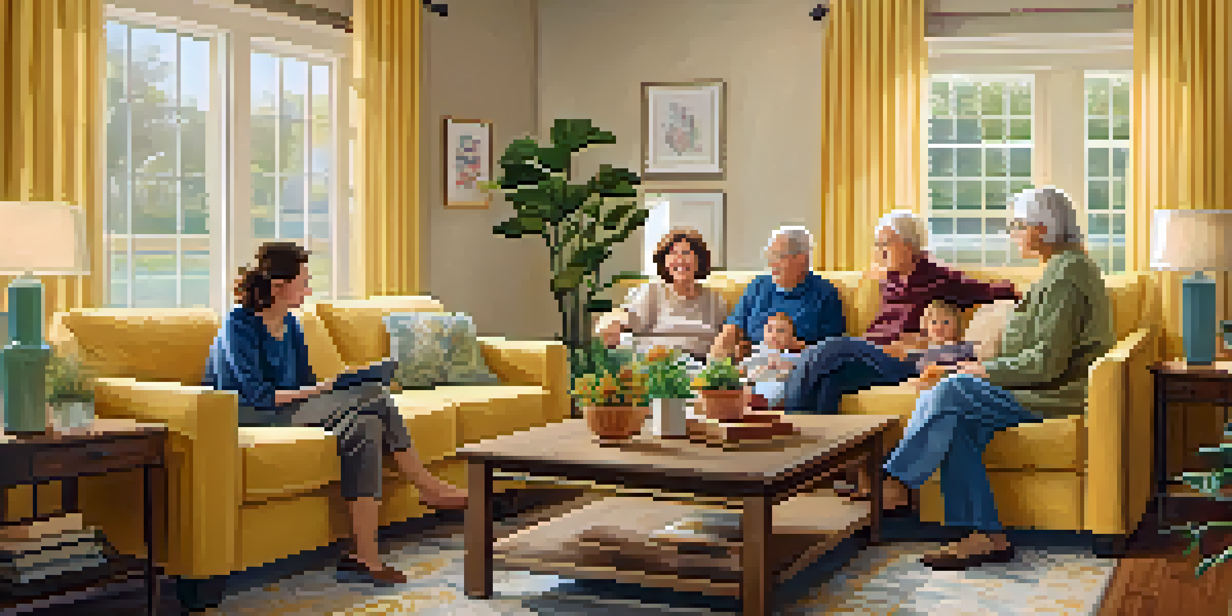 A warm and inviting living room where multiple generations of a family are interacting. Grandparents are telling stories to children while parents sit nearby, all surrounded by family photos.
