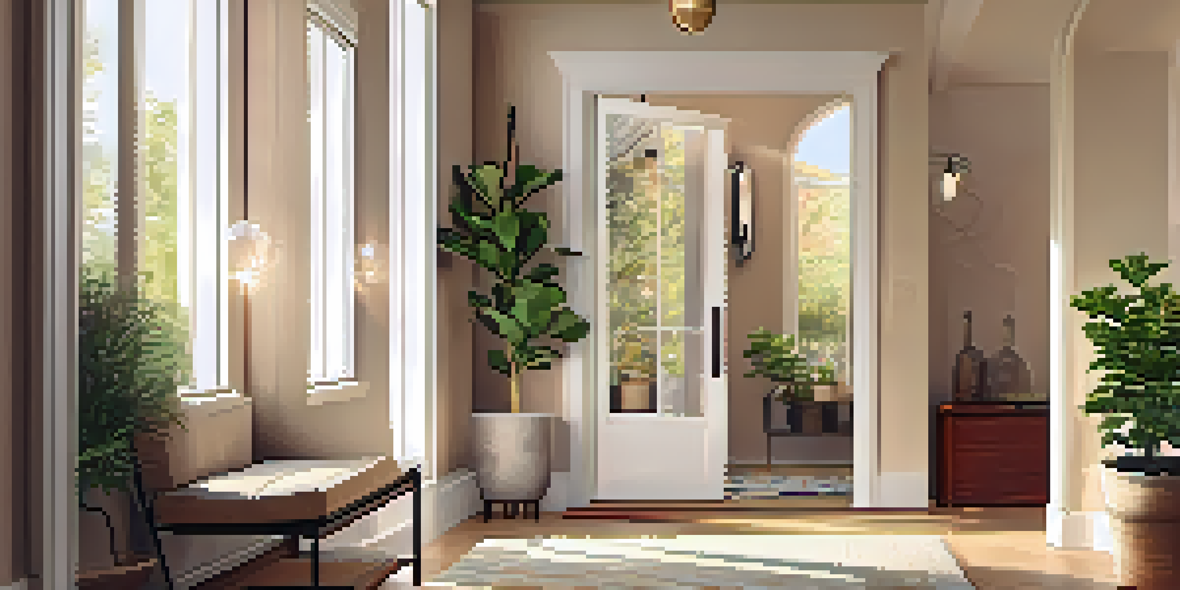 A modern entryway with a pendant light, a rug, and potted plants, illuminated in warm light.