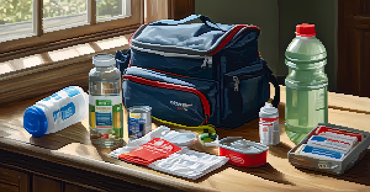 An emergency supply kit displayed on a wooden table, showing essential items like water bottles and a flashlight.