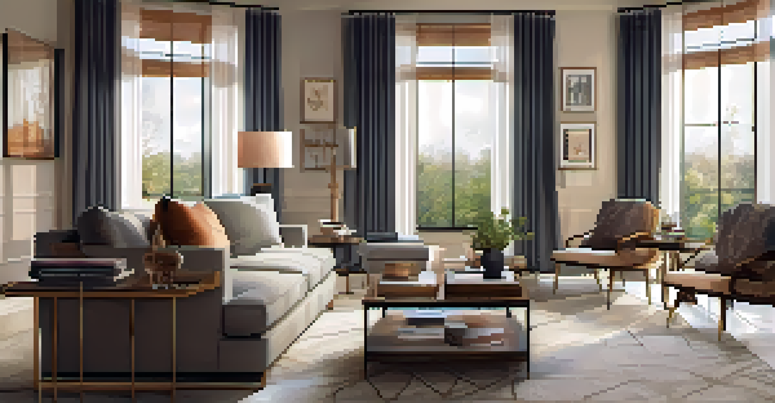 A stylish living room with contemporary furniture and warm colors, illuminated by natural light.