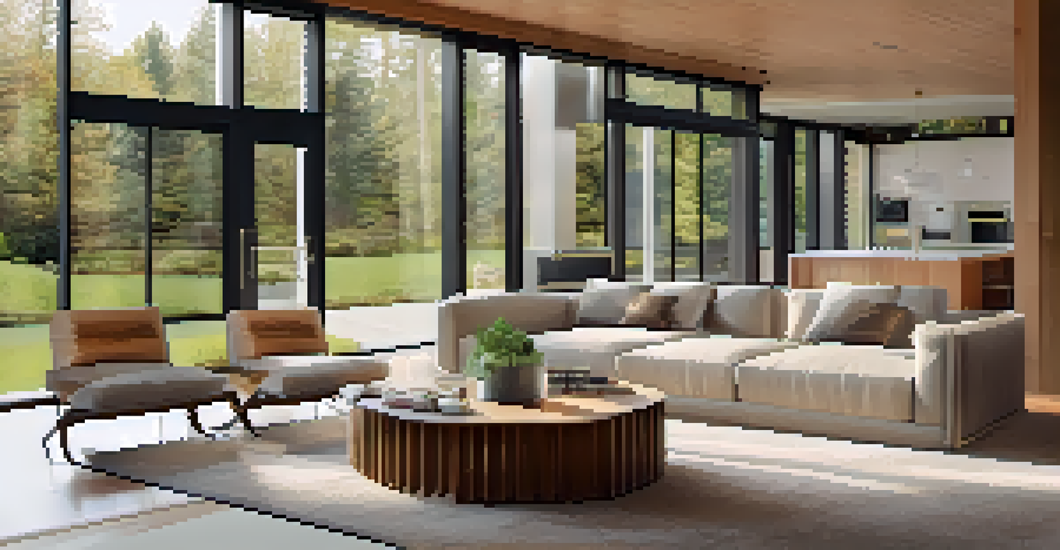 A modern living room with natural light, featuring a comfortable sofa, coffee table, and a geothermal heat pump, demonstrating energy-efficient design.