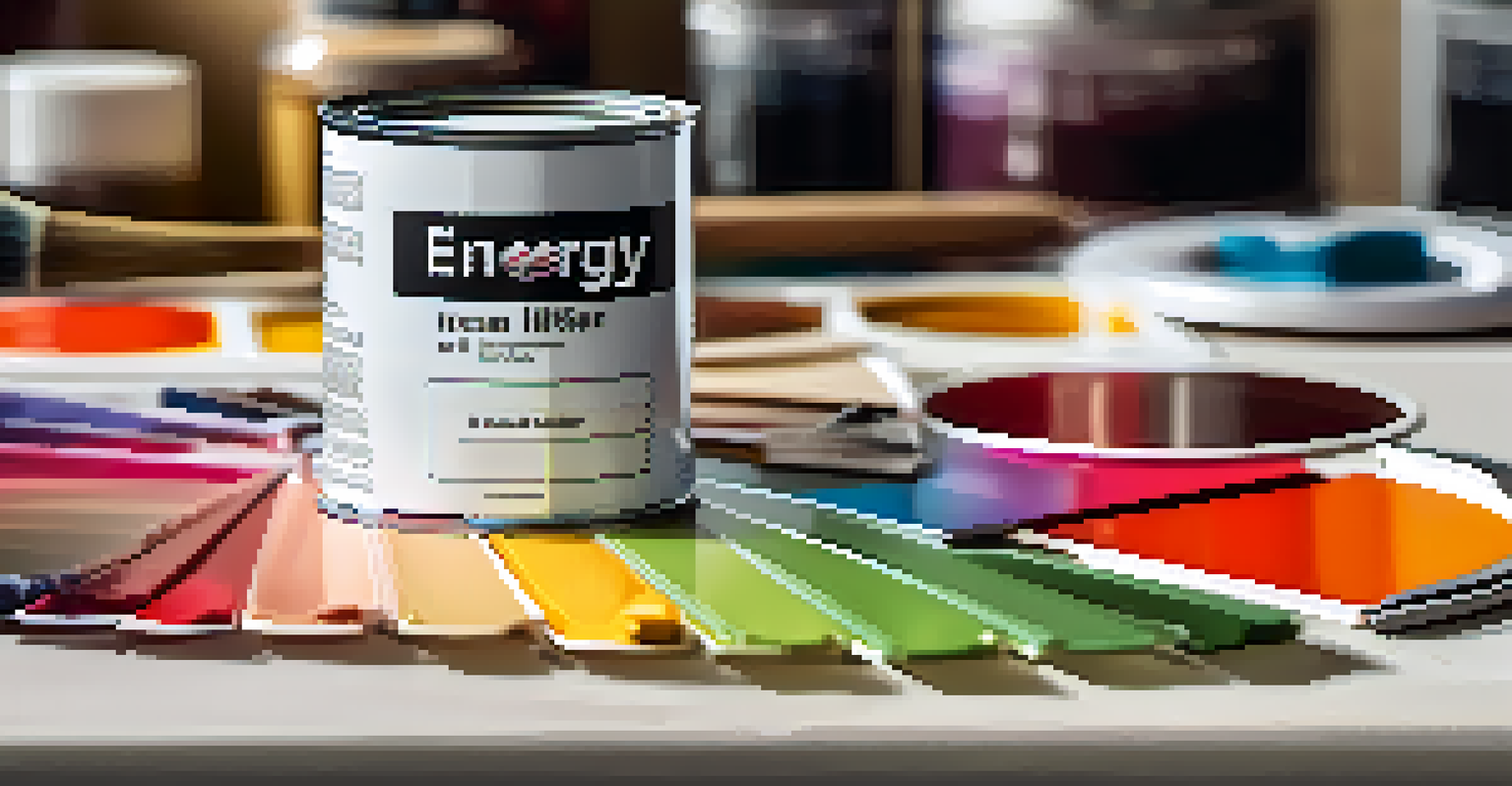 A close-up of an energy-efficient paint can with a vibrant color swatch and painter's tools in the background.