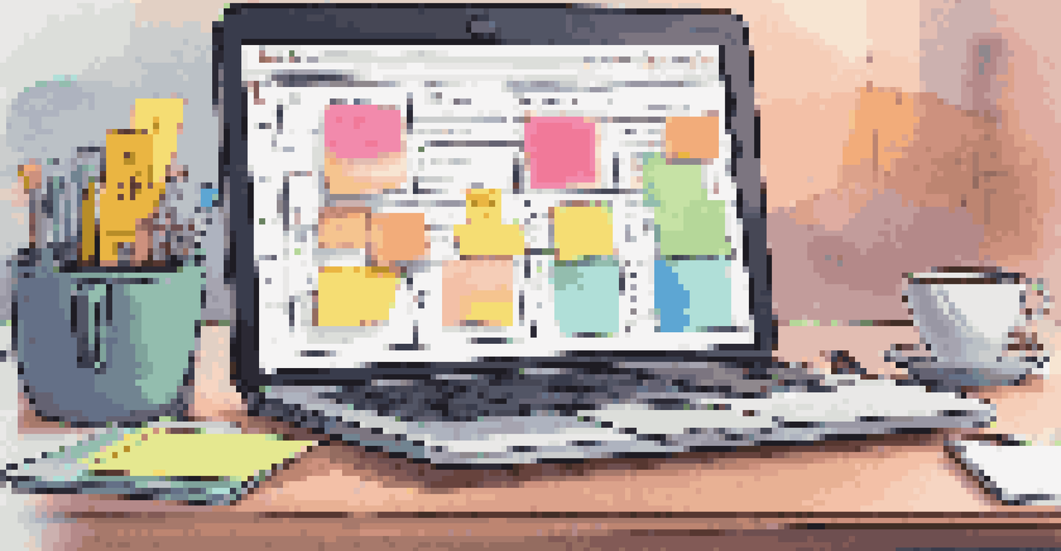 A close-up of a laptop screen showing a task management system, with sticky notes and a coffee cup on a tidy desk.
