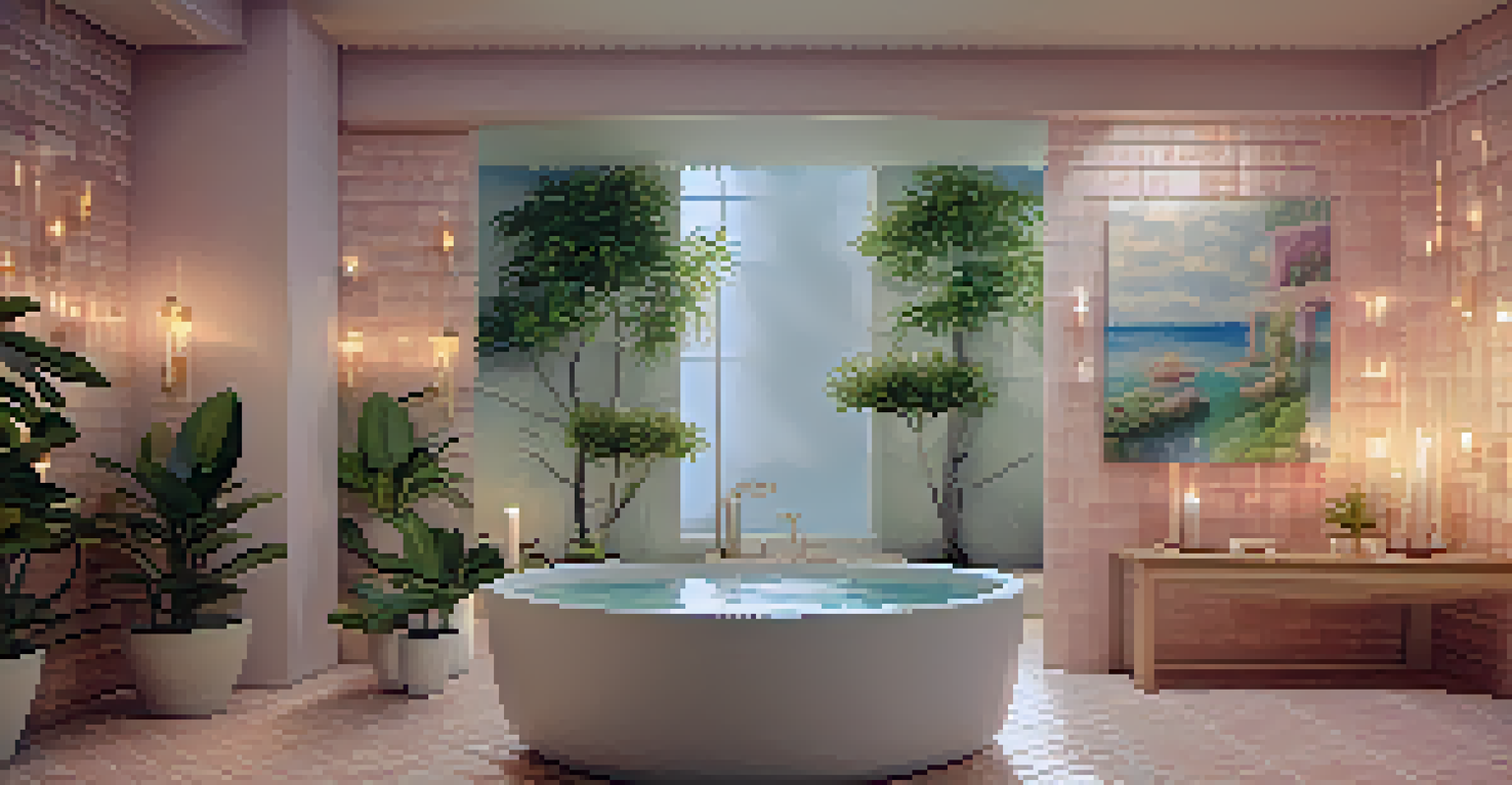 A serene bathroom with a freestanding bathtub, candles, and potted plants, featuring pastel tiles and soft lighting for a relaxing atmosphere.