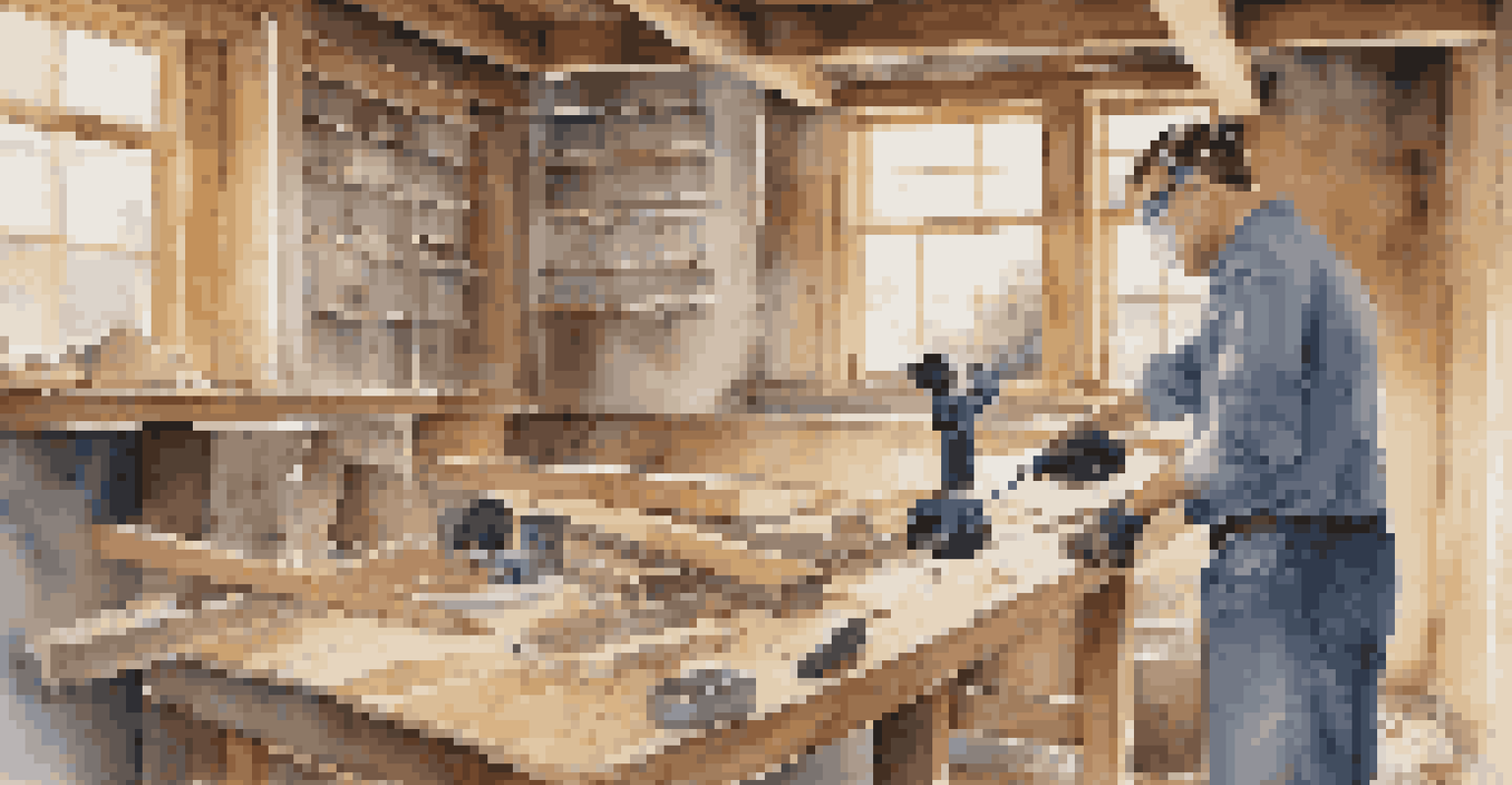 A person using a power drill in a home improvement setting, wearing safety goggles and gloves, with a partially renovated room in the background.