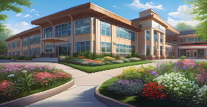 A modern nursing home surrounded by greenery and flowers under a clear blue sky.
