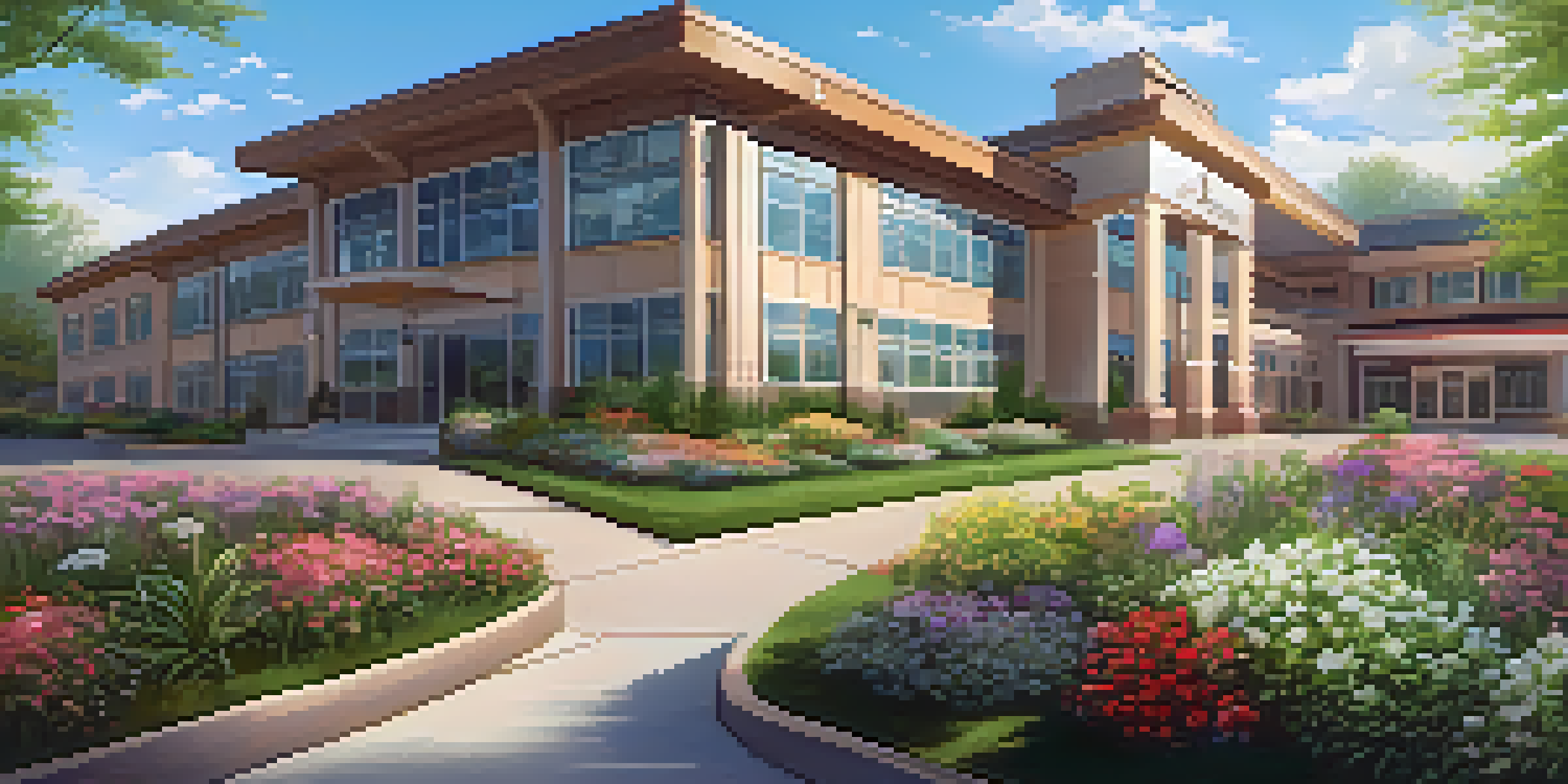 A modern nursing home surrounded by greenery and flowers under a clear blue sky.