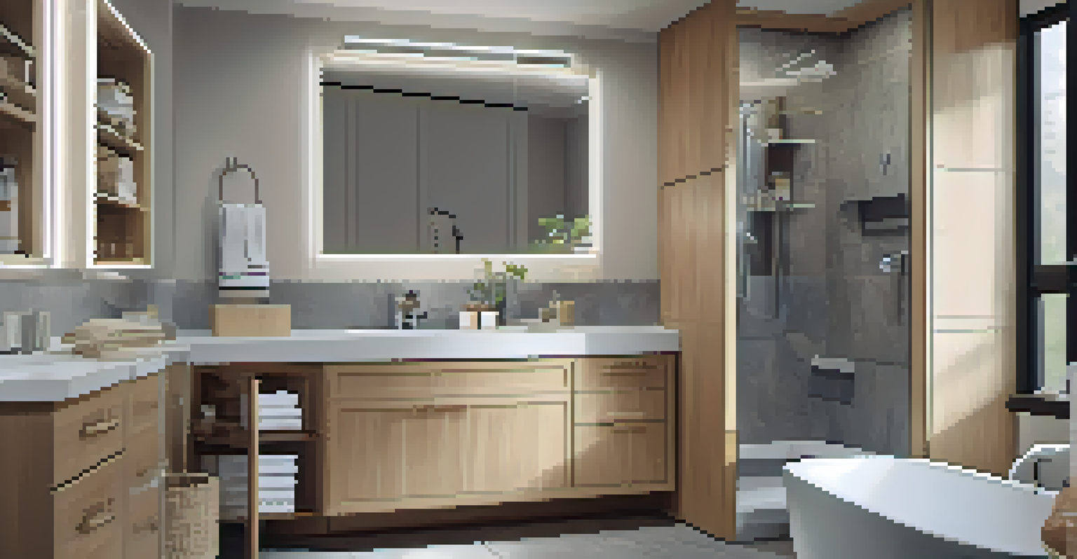 A cozy bathroom with a compact layout, featuring light wood cabinetry, a walk-in shower, and a marble countertop, designed for functionality.