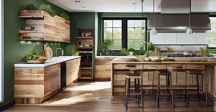 A spacious modern kitchen with eco-friendly features, including energy-efficient appliances and reclaimed wood elements, illuminated by natural light from large windows.
