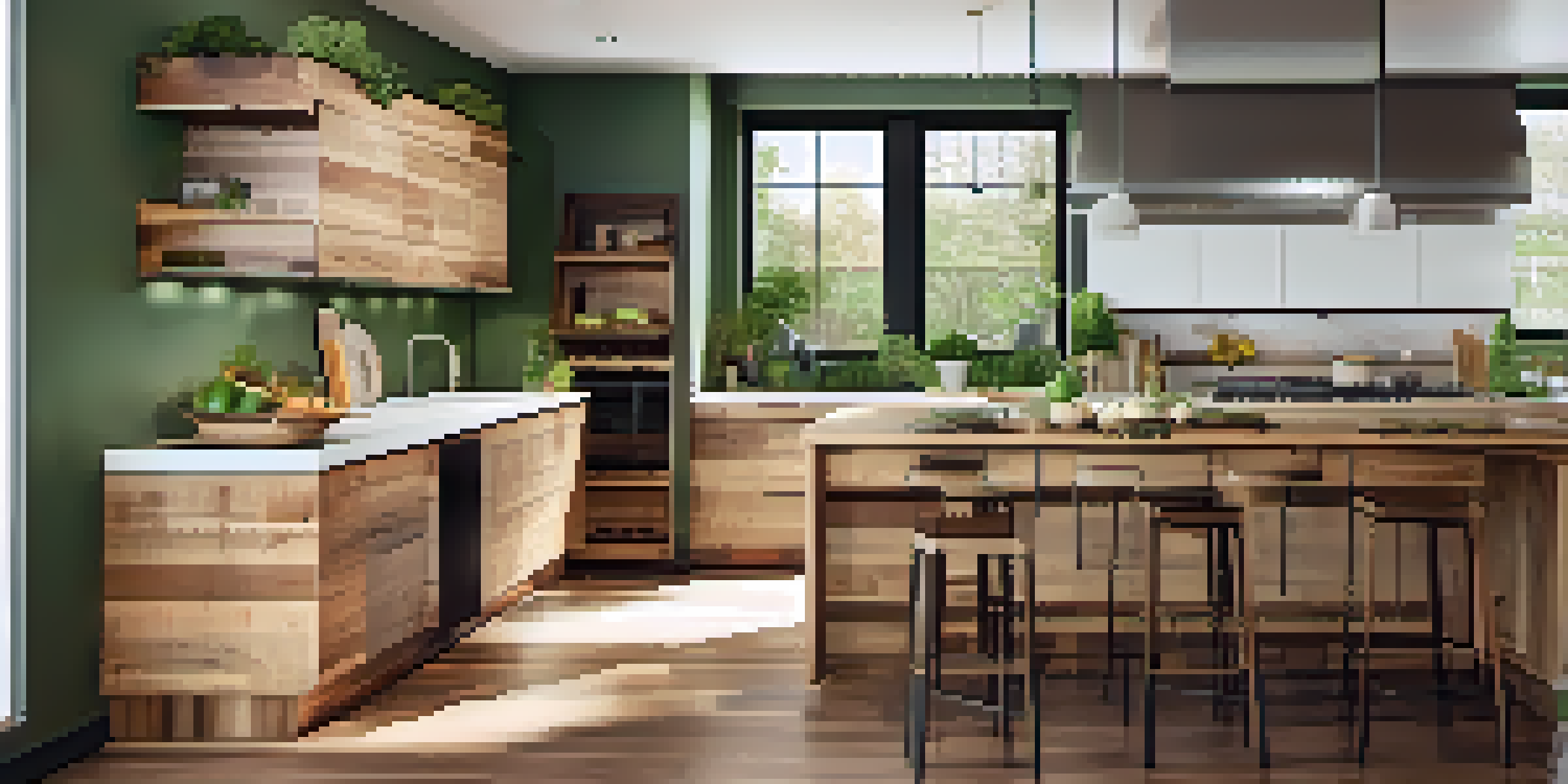 A spacious modern kitchen with eco-friendly features, including energy-efficient appliances and reclaimed wood elements, illuminated by natural light from large windows.