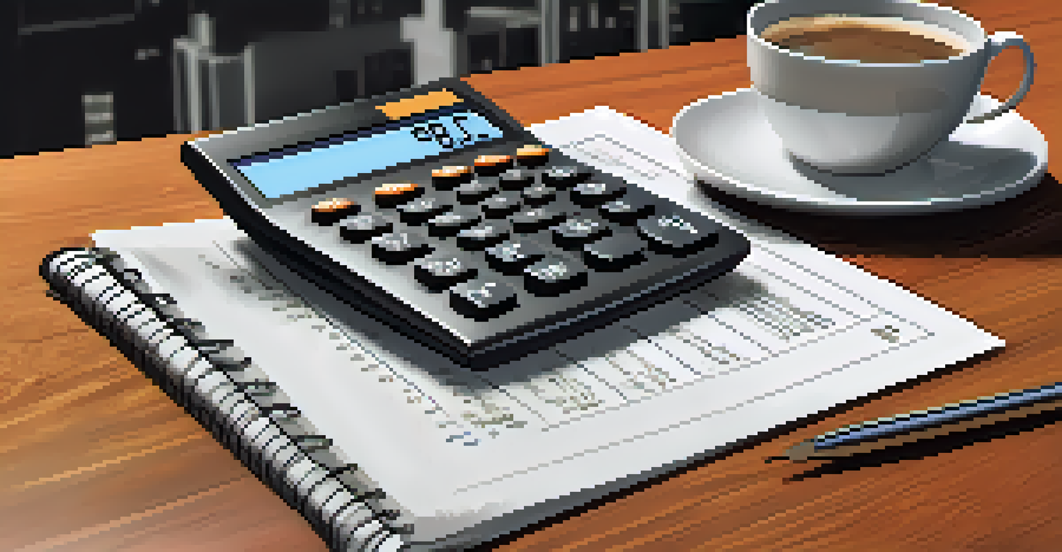 A close-up image of a calculator, financial documents, and a cup of coffee on a wooden desk, representing financial planning.